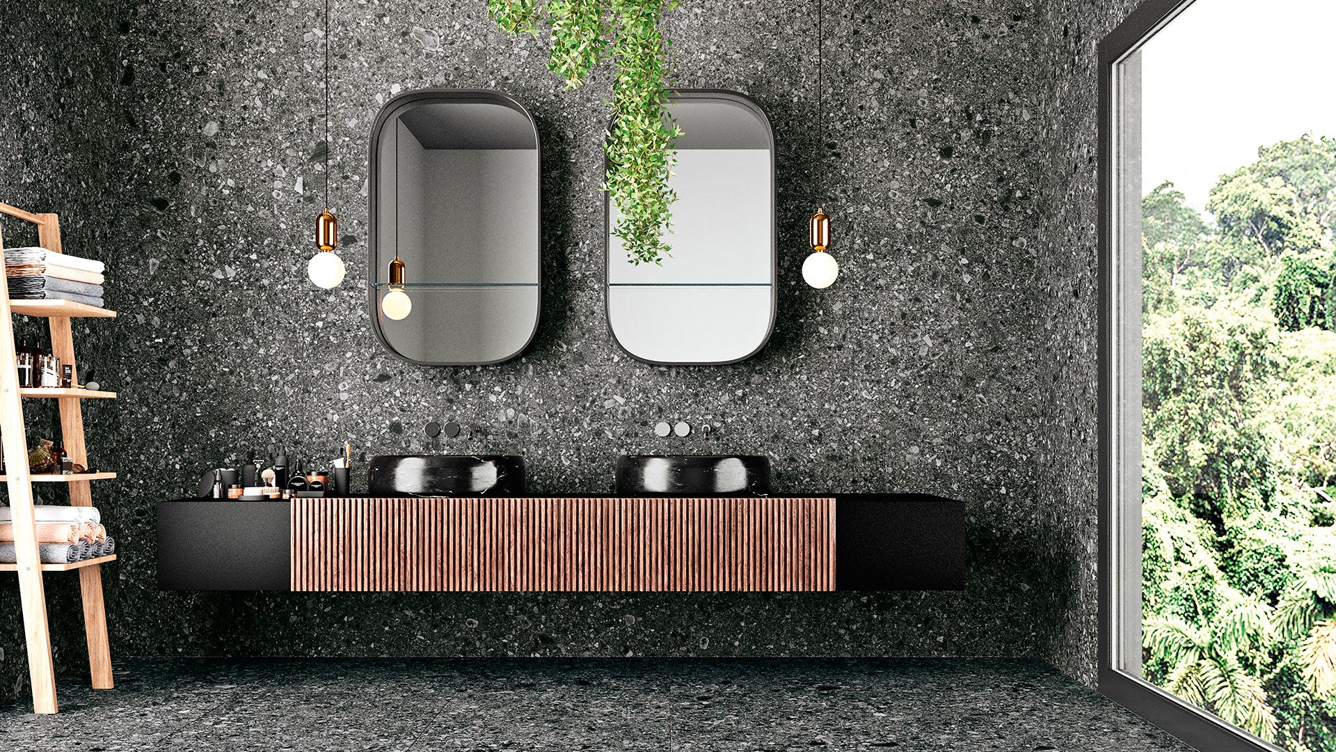 Tuscania — Antrasit terrazzo banyo, fluted vanity