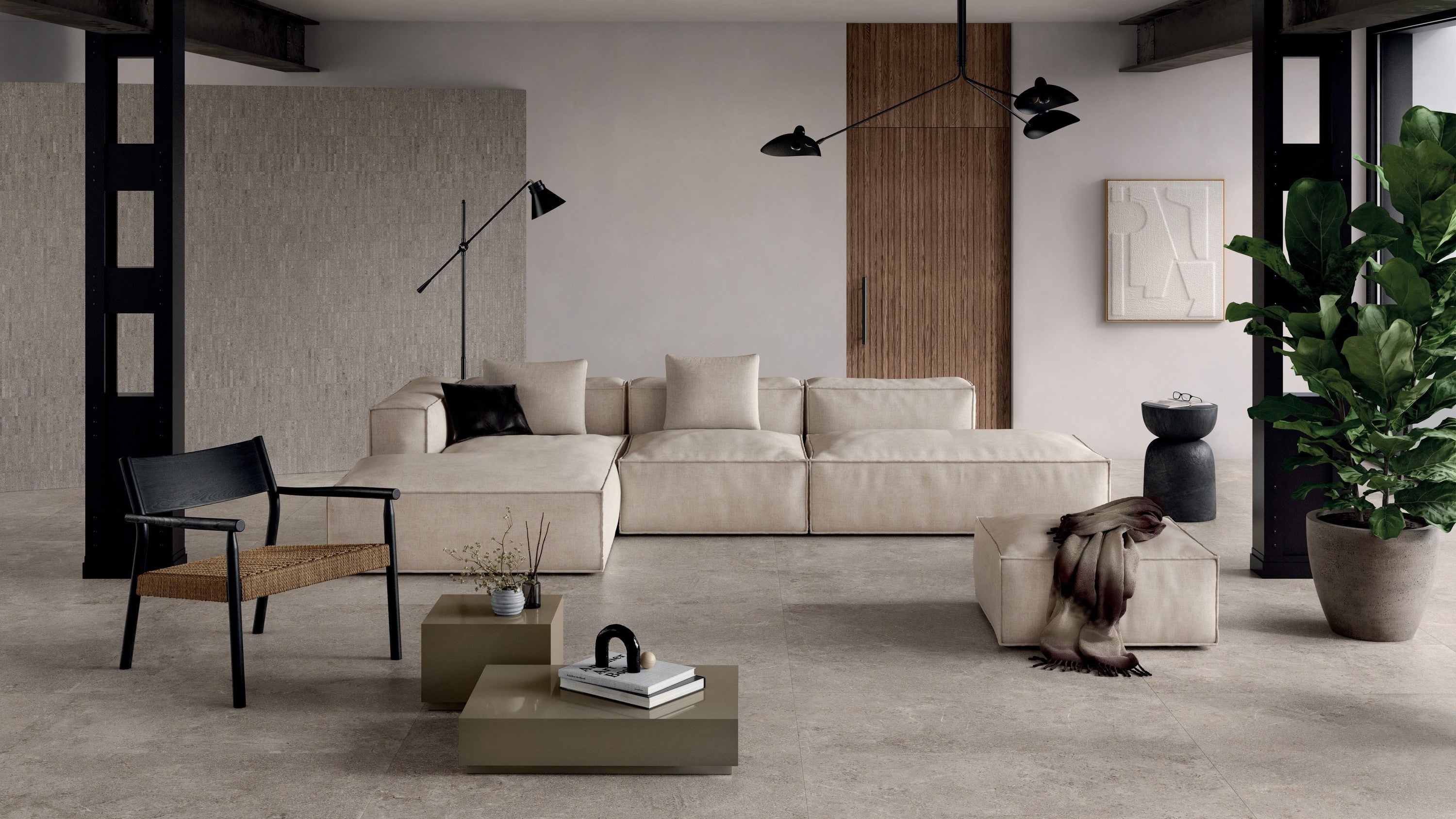 Mirage — Minimalist salon, bej moduler kanepe, tas-gorunum zemin