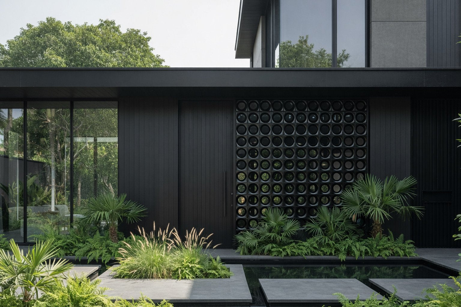 Sakura Seramik — Siyah seramik separator villa cephesi + havuz