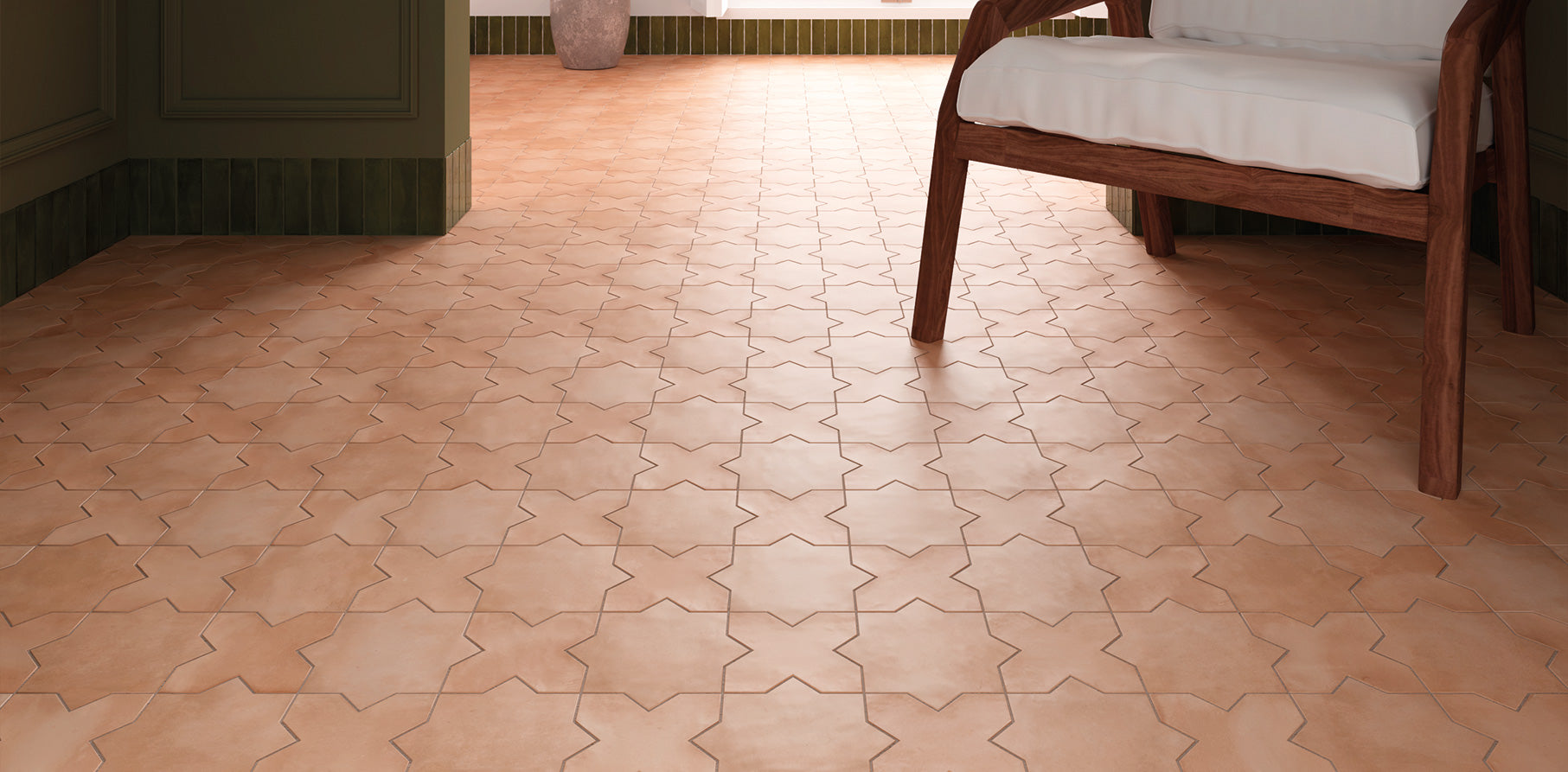 Küçük ebatlı Kasbah yıldız desenli terracotta karo — sıcak, sanatsal zemin uygulaması