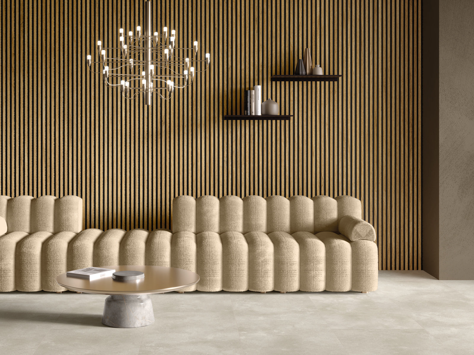 BeSmart Surfaces — Ahsap-lata duvar paneli + tas SPC zemin salon