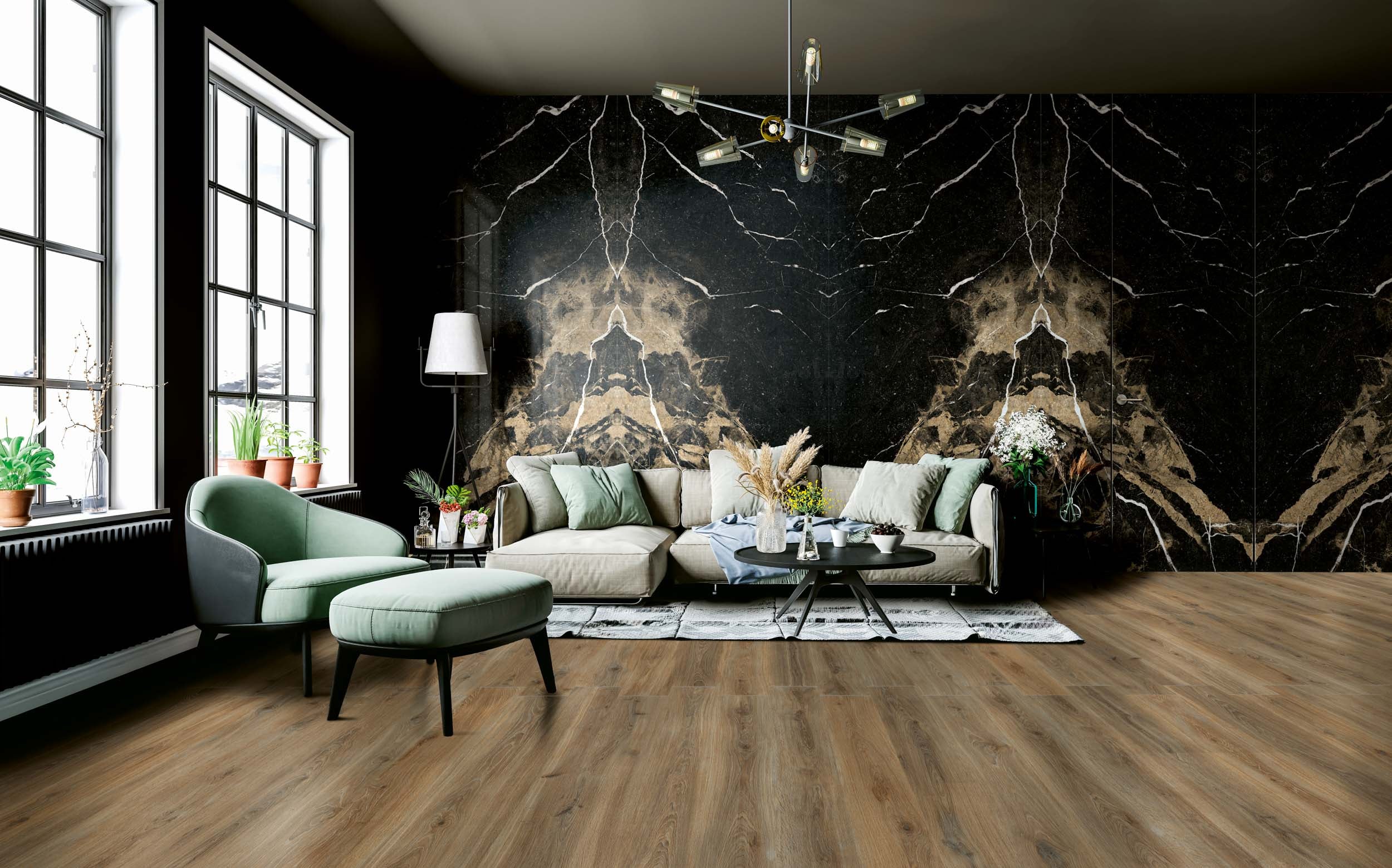 Energieker — Siyah mermer duvar + ahsap zemin salon