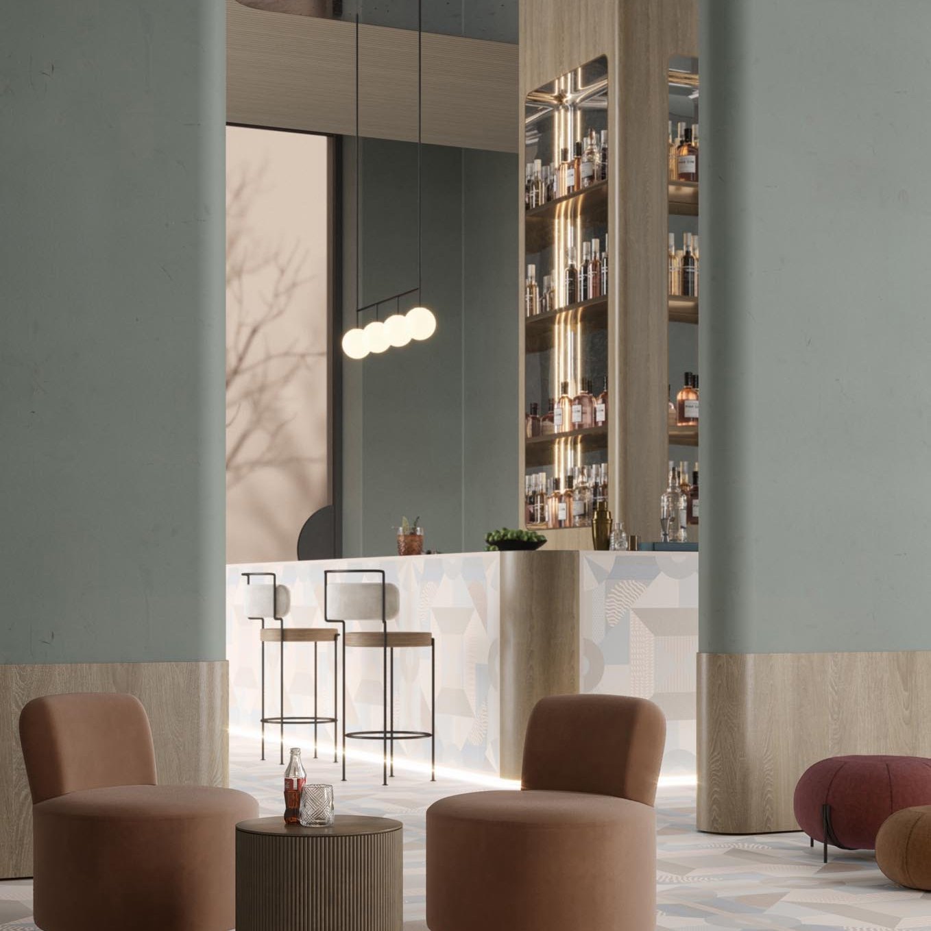 Koleksiyon 41zero42 One — lounge bar zemininde grafik desenli porselen karo