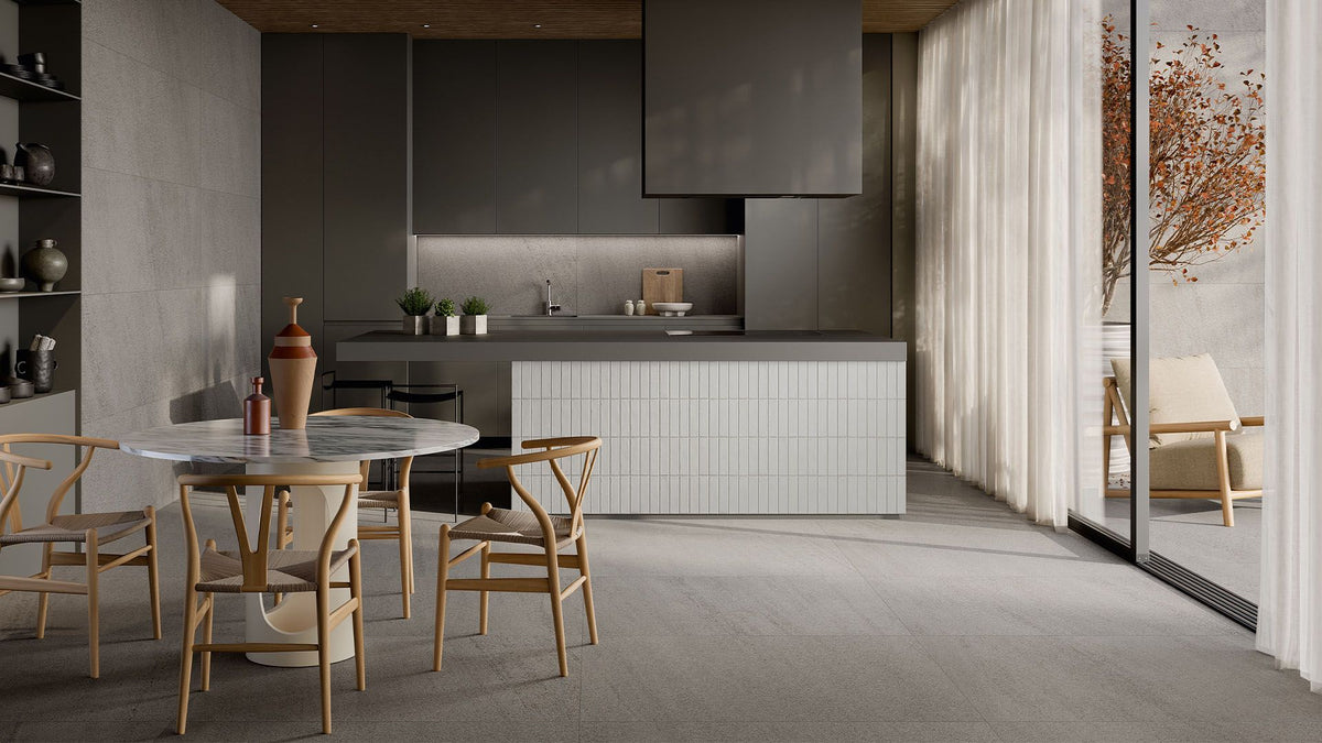 Sant'Agostino Windstone Grey 60x120 — mutfak zemini ve dis mekan gecisi