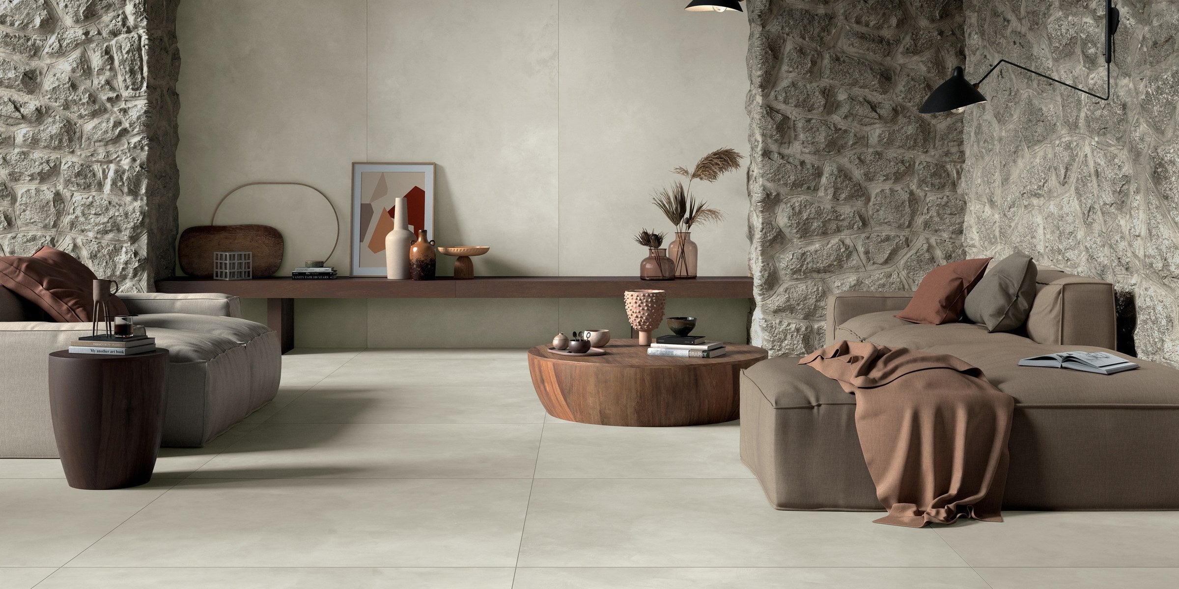 80×80 taş görünümlü karo — Mirage Clay yaşam alanı