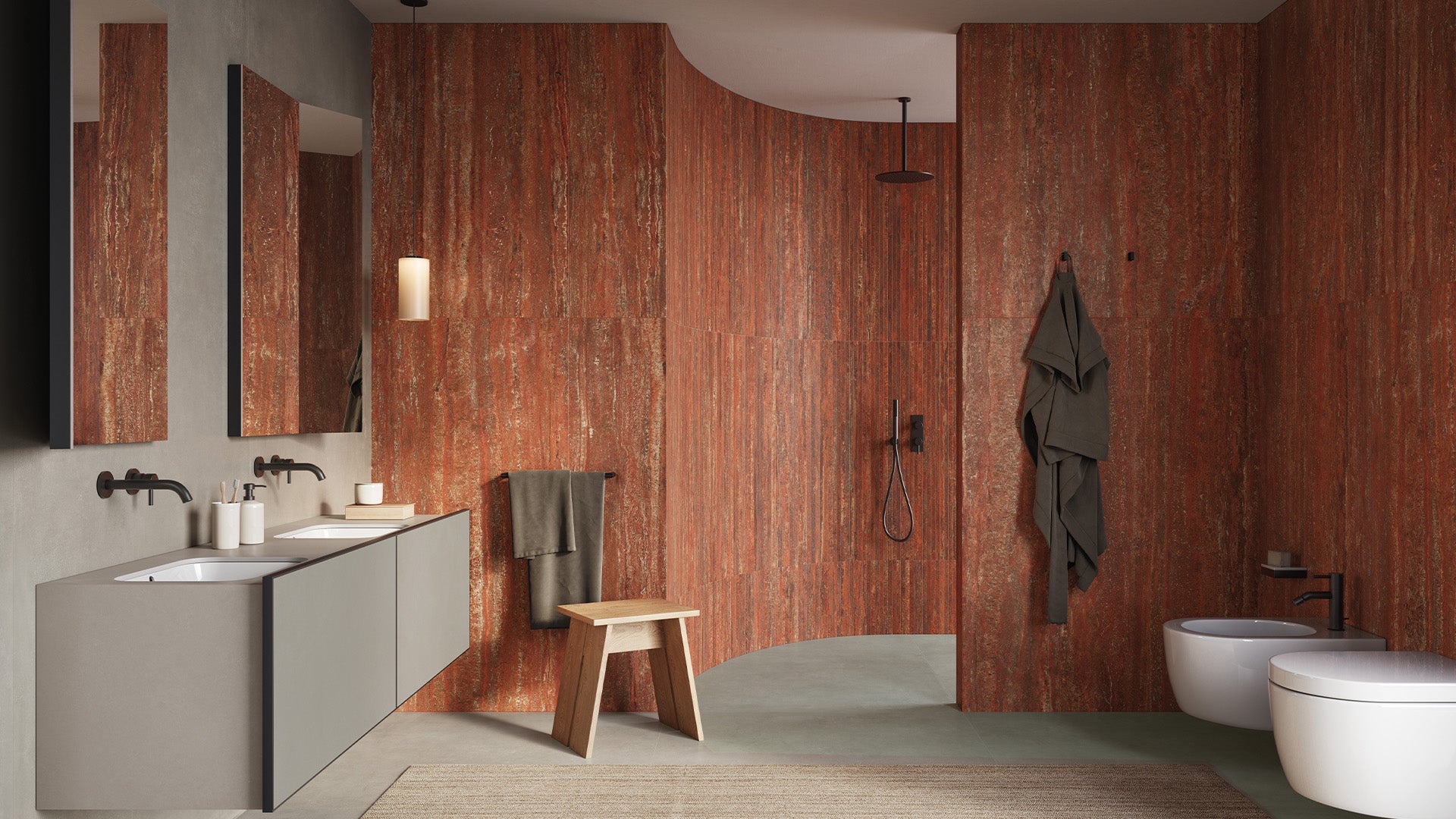 Italgraniti — Kirmizi traverten banyo, walk-in dus