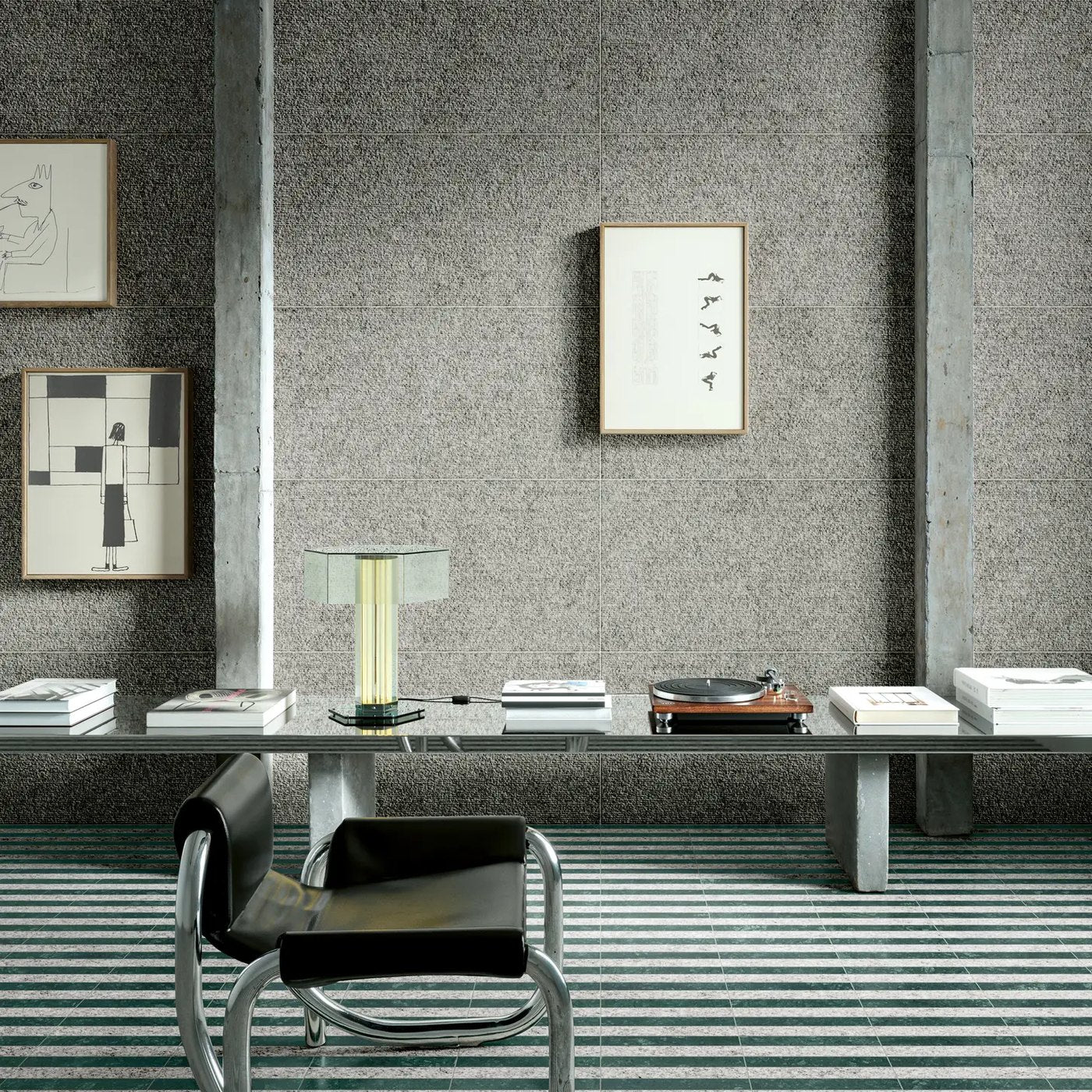 41zero42 Brutus brutalist iç mekânda granit duvar ve yeşil şeritli mozaik zemin